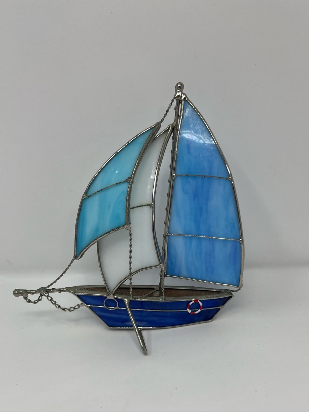Stained Glass and Wire Nautical Sailboat Sculptures Formano Blue White Vintage